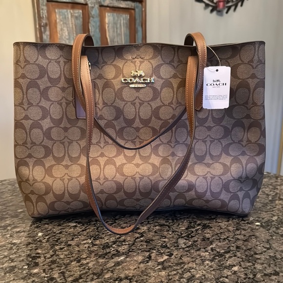 Coach Handbags - Coach large Avenue Brown coated canvas Monogram Tote Bag with Gold Hardware NWT